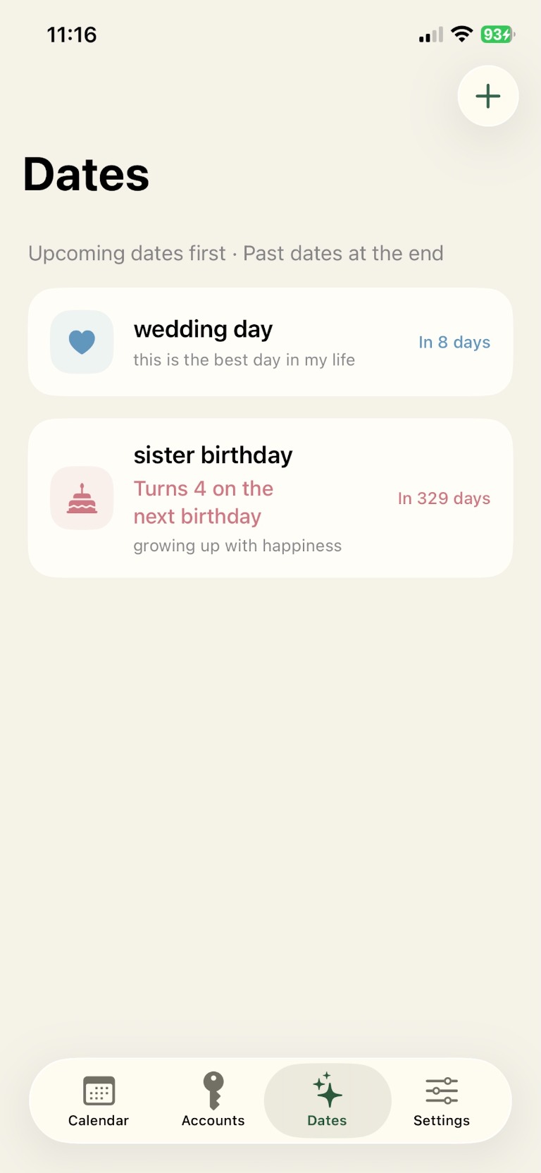 NoteMio 生日与纪念日列表界面